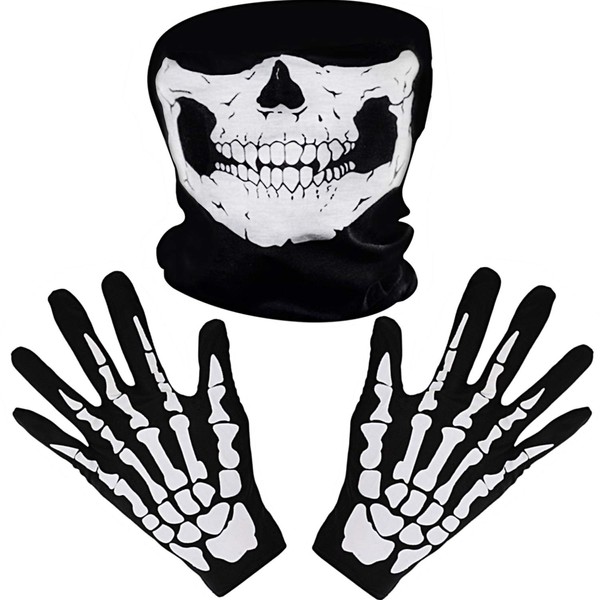 Tatuo White Skeleton Gloves and Skull Face Mask Ghost Bones for Adult Halloween Dance Costume Party (1)