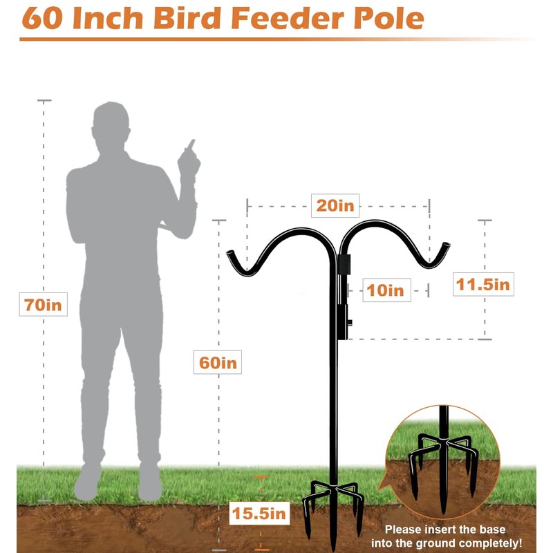60 Inch Double Shepherds Hook for Outdoor with 5 Prong