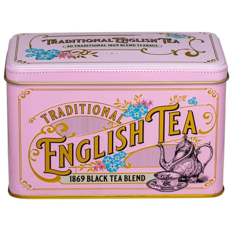 New English Teas Vintage Pink Tea Tin with Victorian Illustrations