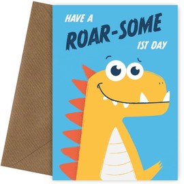 Dinosaur First Day at School Card - Enjoy a Roar-Some 1st Day at Nursery Card for Boys - Say Good Luck with this Blue and Yellow Greetings Cards for Son, Grandson
