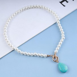 Cimenexe Bohemian Teardrop Turquoise Pendant Necklace Beaded Pearl Choker Necklace Water drop Turquoise Necklace Gold T Bar Toggle Necklace Jewelry for Women and Girls Gifts