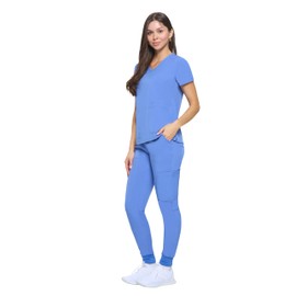 M&M SCRUBS Women's Essential Jogger Scrub Set Nursing Uniform Clearance Cool Stretch Scrub Top and Pant Workwear (Ceil Blue, X-Small-Petite)