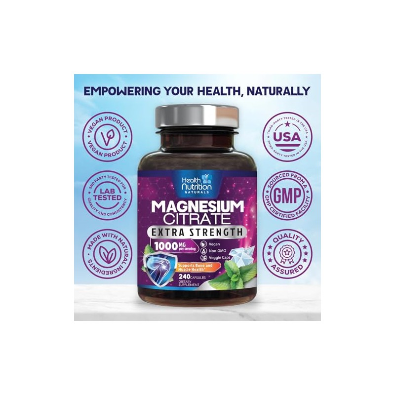 Health Nutrition Naturals Cápsulas Citrato Magnesio 1000 Polvo Máxima Absorción