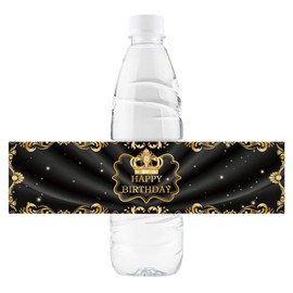 32 Pcs Happy Birthday Water Bottle Stickers, Gold Crown Water Bottle Labels, Black Birthday Bottle Wrappers for 16th 21st 30th 40th 50th Birthday Party Decorstions