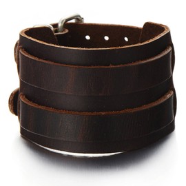 COOLSTEELANDBEYOND Large Leather Bracelet for Men Punk Rock Bangle Brown Genuine Leather with Two Buckles, Leather, Non-applicable