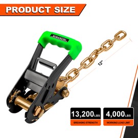Mimanchi 2 Inch Ratchet with 8 Point Chain Extension Ends,4 Pack,Heavy Duty Rubber Wide Handle with G70 Chain Anchor Ratchet Buckle Tail, 13,200lbs Breaking Strength,Tow Trucks & Auto Haulers