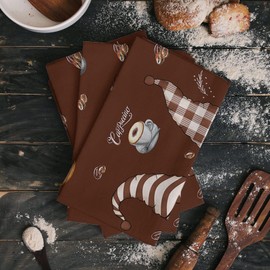 2 Packs Kitchen Towels and Dishcloths Sets, Brown Cute Gnomes Coffee Time 18 x28 Inch Cotton Dish Towel, Absorbent Quick Drying Hand Towels for Living Room Kitchen Decor Tea Towel