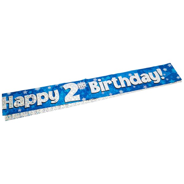 OakTree 624634" Happy 2nd Birthday Foil Holographic Banner, Blue, 9 ft