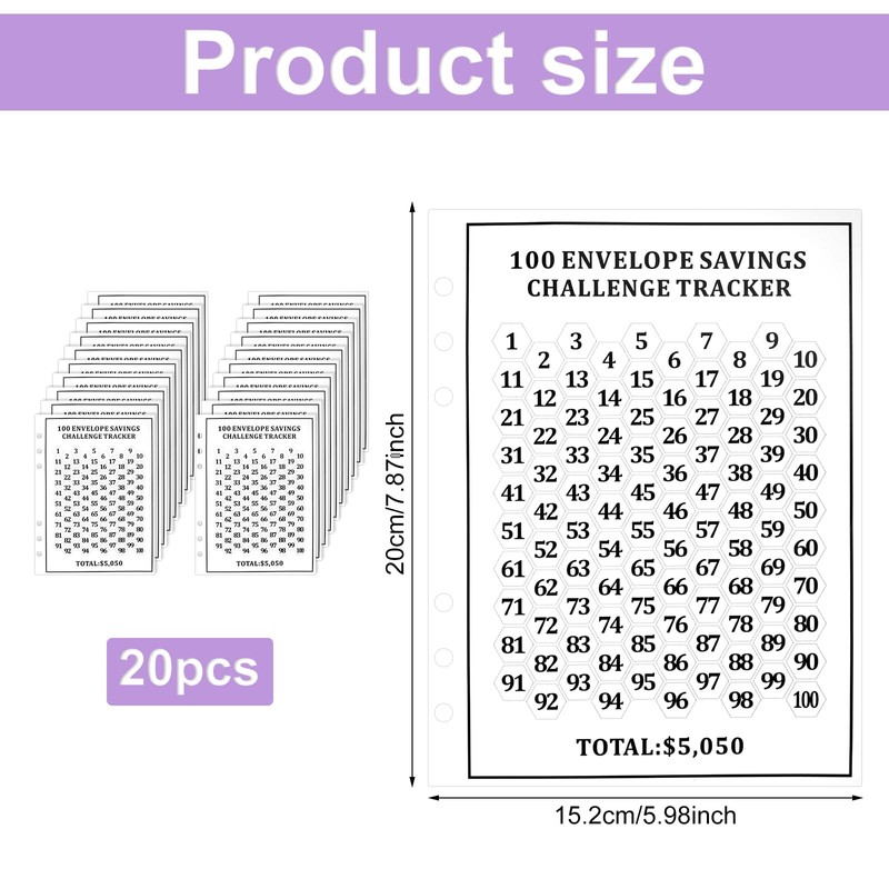 20pcs Money Challenge Tracker Sheets, Envelopes Challenge Binder Cash Stuffing