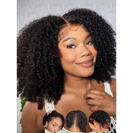 KLAIYI EasiContour V Part Wig Human Hair 4C Kinky Curly Glueless Wear And Go Clip In Half Wig Upgrade Upart Wigs for Women No Leave Out No Glue Beginner Friendly Natural Black Color Ready to Go 22Inch