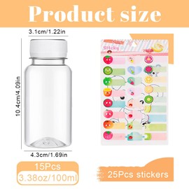 QHSXMQ Pack of 15 Juice Bottles for Filling 100 ml, Reusable PET Juice Bottles Plastic with Lid, Mini Plastic Bottle with Sticker, Juice Bottles for Juice Water Drinks (White)