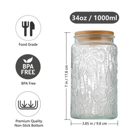 34 FL OZ Vintage Glass Storage Jar, Glass Food Storage Container Decorative Mason Jar for Home Kitchen Coffee Tea Sugar Cookie Candy Jar (Round Sunflower)