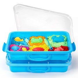 Sandpit Sensory Bin with Lid and Handle, Portable Sensory Sandbox Container for Children, Plastic Activity Tray for Toddlers - (Pack of 2, Blue)