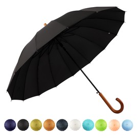 SoulRain 16 Ribs 48" Stick Umbrella Auto Open Solid Color Fashionable and Simple，Arc Classic Wood Handle，Windproof Unbreakable Stick Rain Umbrella (Black)…