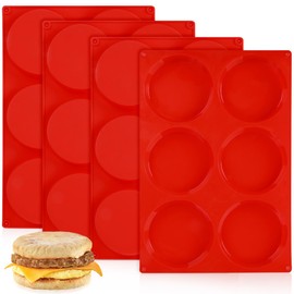 4 Inch Muffin Top Pan, Silicone Egg Molds for Breakfast Sandwiches Jumbo Round Egg Baking Pan for Oven English muffins, Whoopie Pies, Corn Bread, Egg bites, Tarts 4 Pack Red