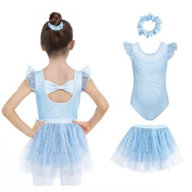 JiAmy Ballet Leotards for Girls 3 Piece with Removable Tutu Skirt Ruffle Sleeve Dance Dress Outfit Bow Back Combo Scrunchy 3-4T,Blue