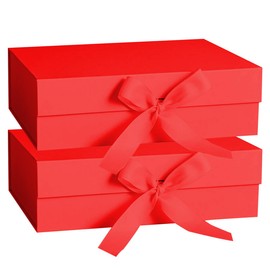 DAWNTREES 2 Pack Red Gift Box with Lid for Presents,26x19x8 cm,with Ribbon and Magnetic, Gift Box Large Closure for Christmas, Hanukkah, Fathers Day, Weddings, Birthdays, Grooms Gifts
