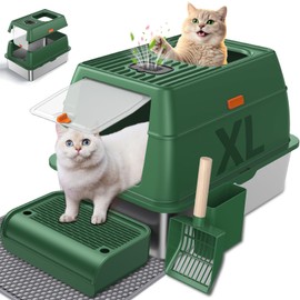 Stainless Steel Cat Litter Box with Removable Lid,Free in & Out Covered Metal Litter Box,Large Enclosed Litter Box with Litter Scoop & Mat, Easy Cleaning, Odor Free,Anti-Leakage for Kitty(Green)