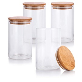 JUVITUS 16 oz Clear Glass Storage Jar with Wooden Bamboo Lid (4 Pack)