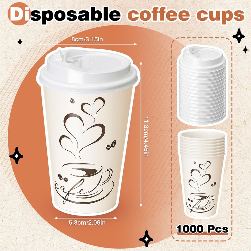 1000 Pack 12 oz Disposable Coffee Cups with Lids, Paper