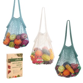 Viedouce Shopping Net Cotton Pack of 3, Reusable Fruit Vegetable Bags, Reusable Product Bags with Drawstring, Washable Fruit Net Bag, Shopping Bag