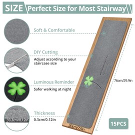 COLFULINE 15Pcs Indoor Non Slip Stair Treads with Glow-in-The-Dark for Wooden Step, Indoor Carpet Mats with Reusable Adhesive, Anti-Skid Safety Rugs for Kids, Seniors, and Pets, 30" x 8"