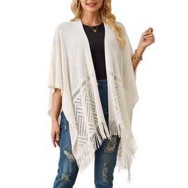 Ferand Women's Lightweight Crochet Shawl Wraps Open Front Knit Fringe Poncho for Spring Summer, Beige