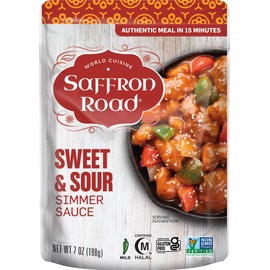 Saffron Road Sweet and Sour Simmer Sauce | Globally Inspired Simmer Sauce | Gluten-free, Vegan, Non-GMO, and Certified Halal and Kosher | 7.0oz Pouch | Pack of 8