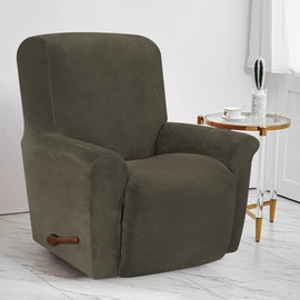 PENDEJATO Stretch Recliner Chair Covers, 1-Piece Soft Velvet Recliner Slipcovers Single Seat Couch Cover Furniture Protector with Pocket (Khaki)