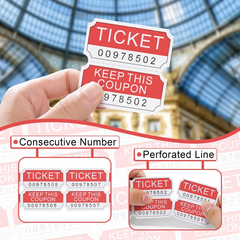 L LIKED 250 Raffle Tickets Rolls, Red (4 Color Selection),Double