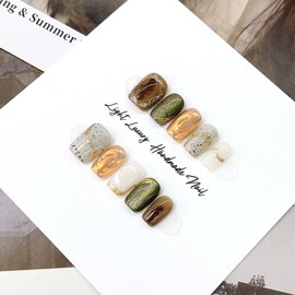 JIEADJIE Press On Nails (100% Handmade),Short-Medium T,Handmade Painted Nail Art by Nail Technician,Daily Version (Ins Gold Green, Medium)