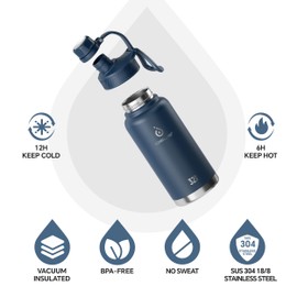 IDEUS Insulated Stainless Steel Water Bottle with 2 Leak-Proof Lids, Thermal Water Flask for Hiking Biking, 32oz, Navy Blue
