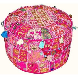 Sophia Art Indian Embroidered Patchwork Cover Indian Decorative Pouf Indian Comfortable Floor Cotton Cushion Ottoman Pouf,Indian Designs Ethnic Patchwork Pouf (Pink, 14"x22")