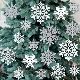 49Pcs Christmas Ornaments Snowflake Decorations Clearance - White and Silver Glitter Christmas Ornaments Hanging Snowflakes for Winter Christmas Tree Wall Ceiling Window Ornaments