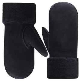Harssidanzar Womens Mitten Glove,Sheepskin Shearling Warm Furry Cuff Gloves For Winter Cold Weather KL024CA,Black,Size M