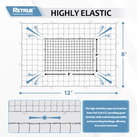 Cargo Net for Pickup Truck Bed 4' x 6' Stretches to 8' x 12' Ruck Bed Cargo Net with 12 Metal Carabiners - Truck Bed Accessories for Dodge RAM, Ford, Chevy, Toyota