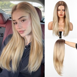 WOKESTAR Long Wigs for Women Middle Part Bob Style Heat Resistant Fibre Synthetic Heat Resistant Wigs White Blonde Color