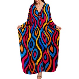 Chunoy Women Knot V Neck Kaftan Dress Kimono Sleeve Casual Beach Bathing Cover Up Side Split Dresses, C31-abstract, One Size