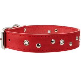 Dogs My Love Genuine Leather Dog Collar Studded 1.5" Wide, 16.5"-20" Neck (Red)