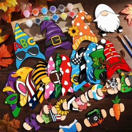 Wonderjune 14 Pack Interchangeable Unfinished Gnome Wood Decor, Color Your Own Gnome DIY Wooden Painting Slices Blank Changeable Gnome Ornaments for Tiered Tray Table Home Seasonal Holiday Decor Gift