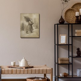 EGVQK Vintage Christmas Santa Canvas Wall Art, Winter Holiday Xmas Santa Tree Canvas Pictures Wall Decor, Neutral Winter Landscape Walls Art Prints for Home Bedroom Living Room Decorations, 11x14 inch