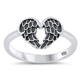 Fashion Oxidized Feather Promise Heart Angel Wing Ring New .925 Sterling Silver Band Size 8