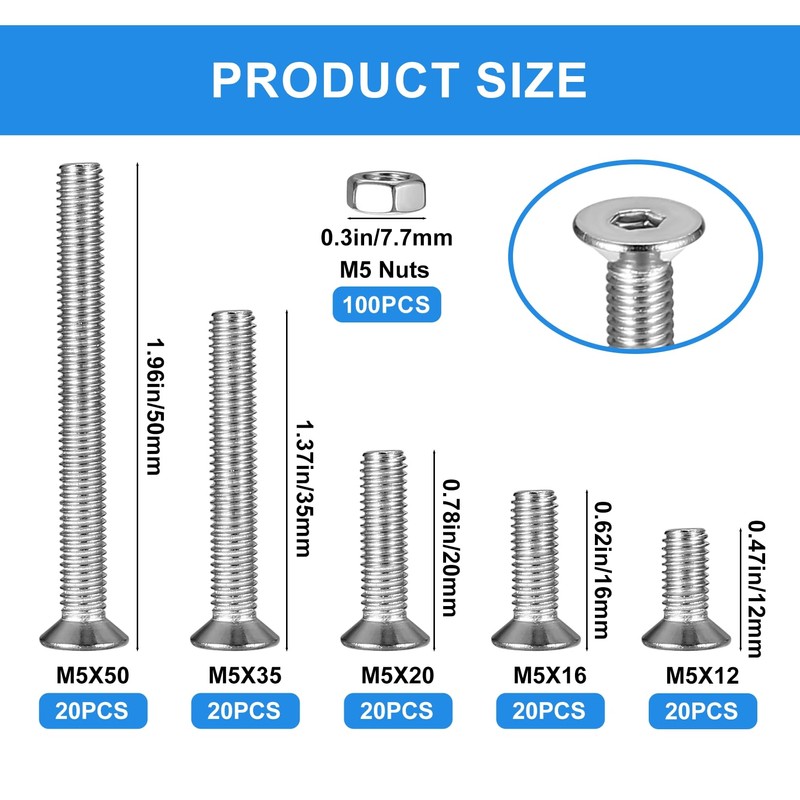 M5 Screws and Nuts Set, 200 Pieces Rounded Head Screws,