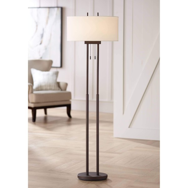 Roscoe Modern Contemporary Style Tall Standing Floor Lamp Twin Pole Oil Rubbed Bronze Metal White Fabric Oval Shade Decor for Living Room Reading House Bedroom Home Office - Franklin Iron Works