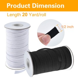 Coopay 40 Yards Length 1/2" Width Elastic Cord Elastic Bands Elastic Rope Heavy Stretch Elastic Spool Knit for Sewing, 2 Rolls, 20 Yards/Roll (Black and White, 1/2 Inch)