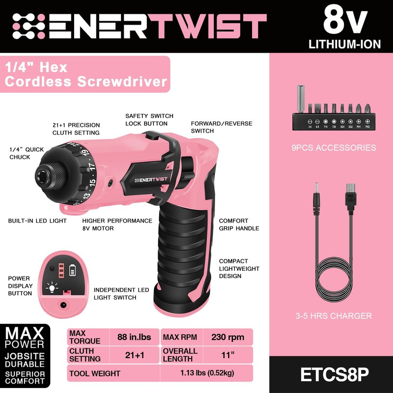 Enertwist Electric Screwdriver, 8V Max 10Nm Pink Cordless Screwdriver Rechargeable