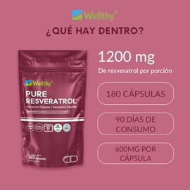 Wellthy Pure Resveratrol 180 Cápsulas. 1200mg por Porción, 90 Porciones por Envase, VCaps Cápsulas Veganas, Bottle Free.