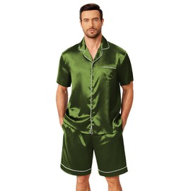 Ekouaer Satin Matching Pajamas Sets Couple Silk Button Down Sleepwear Women & Men Short Sleeve Pjs Lounge Set Dark Army Green,M