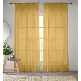 Enhanced Living Gold Voile Curtains for Living Room Panel Pair - 57 Wide x 48 Drop - Plain Woven Slot Top Sheer Curtains (57"x48") 145x122cm