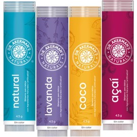 DR. AKERMAN’S Naturals, Bálsamo Labial Natural Humectante, Protección Contra Resequedad, Ingredientes Ecológicos, Uso Diario (Mixto 4-Pack)